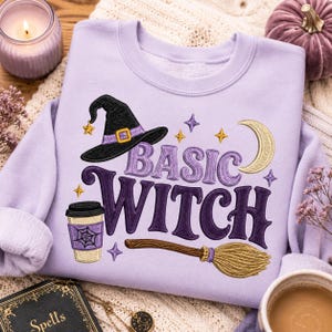 Pacchetto base di disegni per ricamo di streghe, file per ricamo a macchina con citazioni carine di Halloween a tema streghe, cappello da strega, scopa e tazza da caffè PES DST JEF VP3
