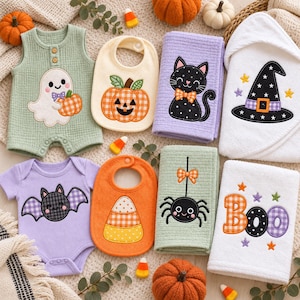 Halloween Patchwork-Applikations-Stickset, niedliche Geister, Kürbisse, schwarze Katzen, Fledermäuse und Spinnen (Boo), Maschinenstickmuster, digitaler Download