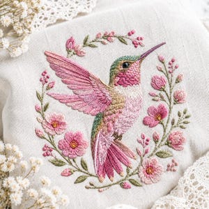 Floral Pink Hummingbird Embroidery File, Pink Flower Wreath Machine Design, Garden Bird Pattern, Botanical Spring Digital Download