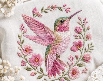 Floral Pink Hummingbird Embroidery File, Pink Flower Wreath Machine Design, Garden Bird Pattern, Botanical Spring Digital Download