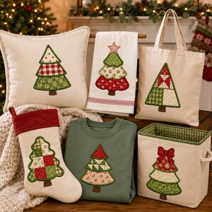 Paquete de bordado de apliques de árbol de Navidad en patchwork, diseños de bordado a máquina de árbol de Navidad acolchado, archivos de apliques de árbol navideño