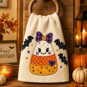 Candy Corn Patchwork Applikation Broderi Design, Söt Halloween Flicka med Rosett, Spooky Maskinbroderi Fil, Digital Nedladdning