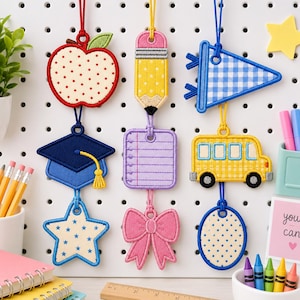 Back To School ITH Embroidery Design Set, Applique Keychain Bag Tags Bundle, Luggage Name Tags, Instant Download PES JEF VP3