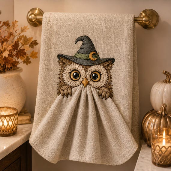 Witch Owl Halloween Embroidery Design, Peeking Owl Towel Topper Machine Embroidery File, Cute Spooky Kitchen PES DST JEF