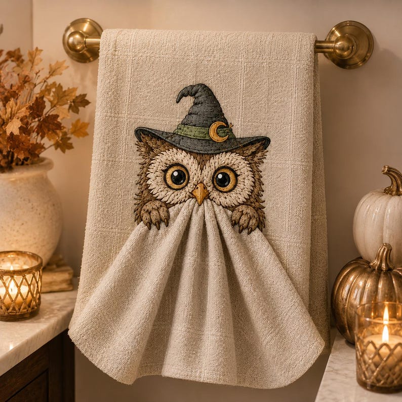 Häxuggla Halloween broderidesign, kikaruggla handdukstoppare maskinbroderifil, söt läskig kök PES DST JEF bild 1