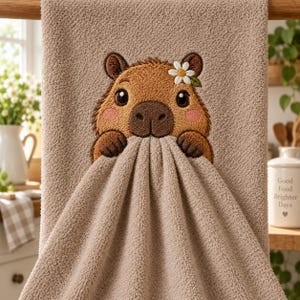 Puede incluir: Una toalla de mano beige texturizada con un bordado de un capibara que lleva una pequeña margarita blanca detrás de la oreja. El capibara tiene pelaje marrón oscuro, mejillas rosadas y sus patas descansan sobre la tela drapeada.