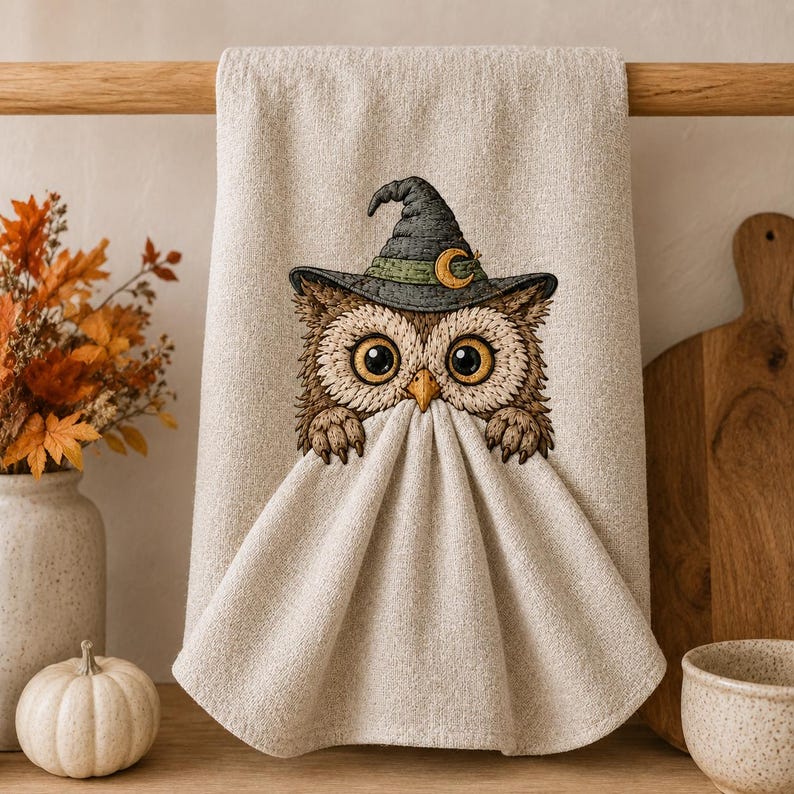 Häxuggla Halloween broderidesign, kikaruggla handdukstoppare maskinbroderifil, söt läskig kök PES DST JEF bild 6