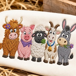 May include: A cream-colored fabric pouch featuring an embroidered design of five farm animals: a brown Highland cow with a purple flower, a pink pig with a purple bandana, a white sheep with a green clover, a goat with a bell, and a gray donkey.