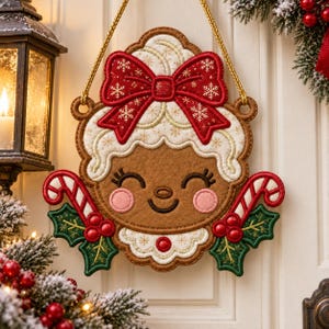 Gingerbread Girl Door Hanger ITH Applique Embroidery Design, Christmas Bow Candy Cane Holly Ornament, Holiday Machine Embroidery File