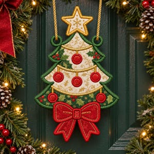 Può includere: Una decorazione natalizia da appendere in tessuto ricamato con motivo floreale color crema e oro, dettagli di agrifoglio verde, palline rosse, una stella dorata in cima e un grande fiocco rosso alla base, sospesa da due cordoncini dorati.