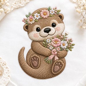 May include: An embroidery design featuring a brown otter with a pink-cheeked face, wearing a floral crown of pink and white flowers. The otter holds a bouquet of pink and white flowers tied with a pink ribbon, rendered in detailed thread work.