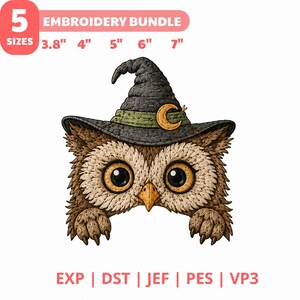 Häxuggla Halloween broderidesign, kikaruggla handdukstoppare maskinbroderifil, söt läskig kök PES DST JEF bild 2