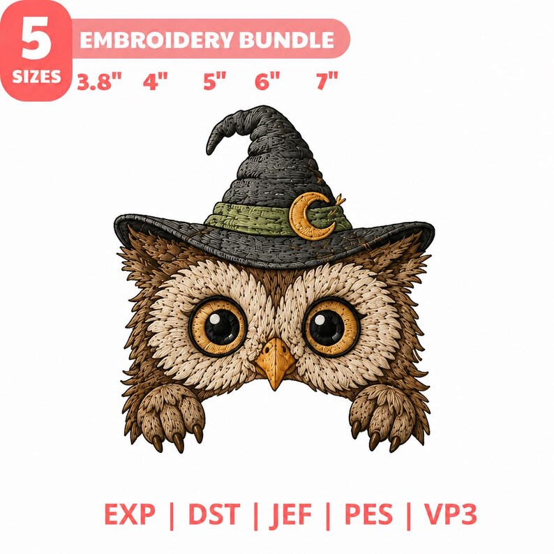 Häxuggla Halloween broderidesign, kikaruggla handdukstoppare maskinbroderifil, söt läskig kök PES DST JEF bild 2