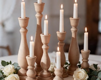 Unfinished Wood Candle Stick Holder Wedding Table Centerpiece Natural Birch Maple Hardwood Cake Pillars Rustic Farmhouse Reception Styling