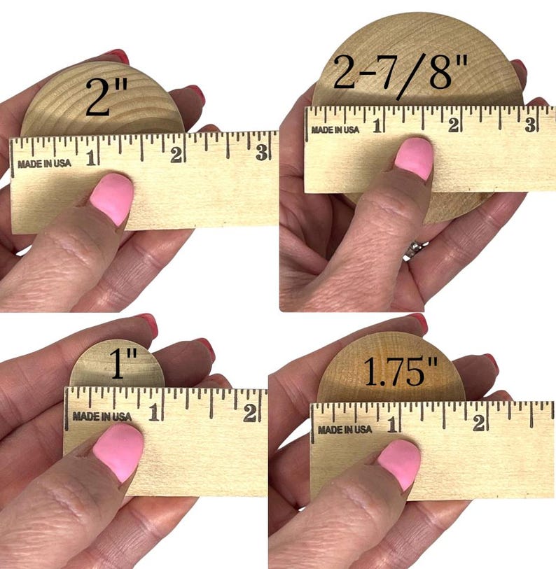 May include: Four circular wooden discs shown with a wooden ruler for scale. The discs measure 1 inch, 1.75 inches, 2 inches, and 2-7/8 inches in diameter respectively. Each disc features a natural light brown wood grain texture and a smooth finish.