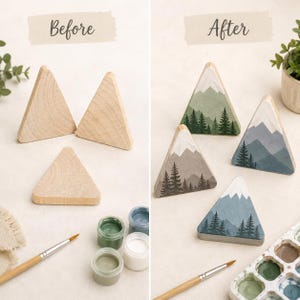 May include: A split image showing three triangular wooden blocks before and after being painted. The left side shows plain wood blocks with paint pots and a brush. The right side shows the blocks painted with mountain and pine tree scenes.