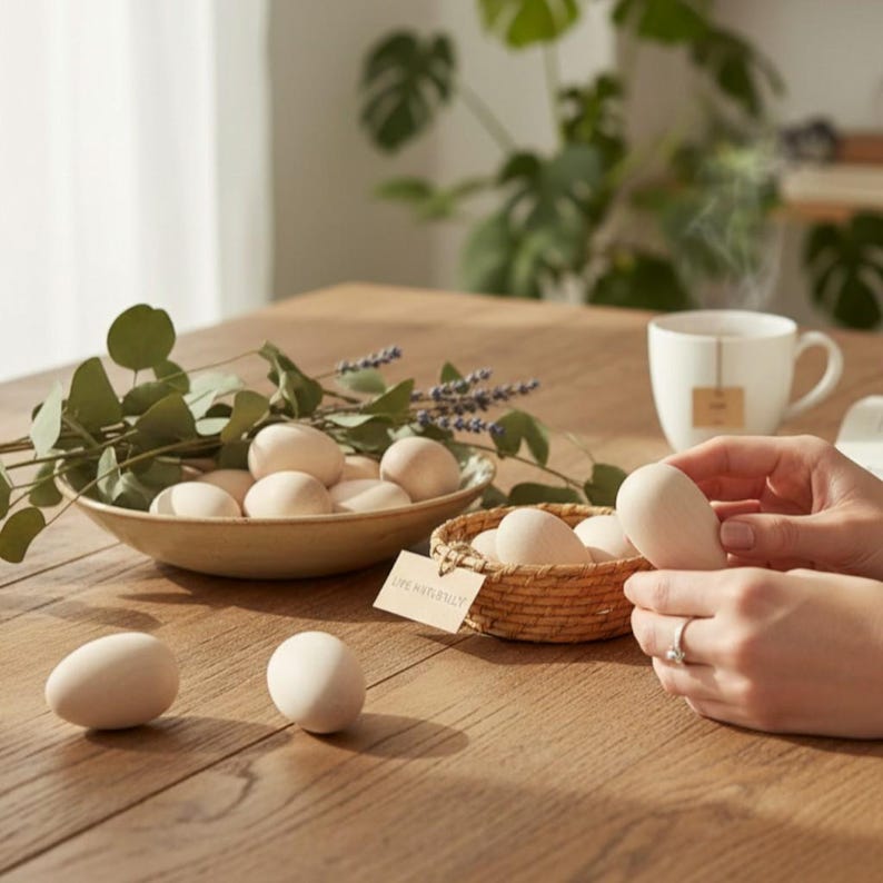 Houten paasei schilderij kit kind ambacht project idee decoratie hout materiaal natuurlijk speelgoed keuken spelen alsof eten mand vulmiddel cadeau afbeelding 5