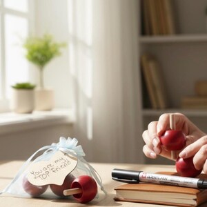 May include: A light blue organza drawstring bag containing red wooden spinning tops with a heart-shaped tag inscribed with the text You are my TOP friend, alongside a black marker and a brown notebook with a red spinning top.