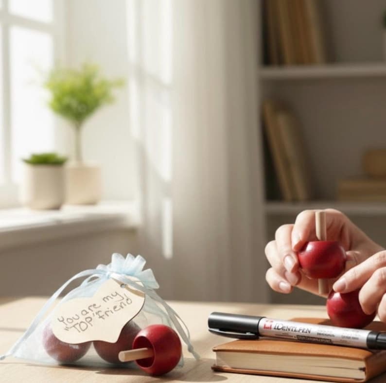 May include: A light blue organza drawstring bag containing red wooden spinning tops with a heart-shaped tag inscribed with the text You are my TOP friend, alongside a black marker and a brown notebook with a red spinning top.