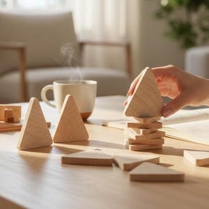 May include: A set of light-colored wooden triangle blocks with smooth surfaces. Several blocks are arranged individually on a flat surface, while others are stacked vertically to form a tower. The wood grain is visible on each piece.