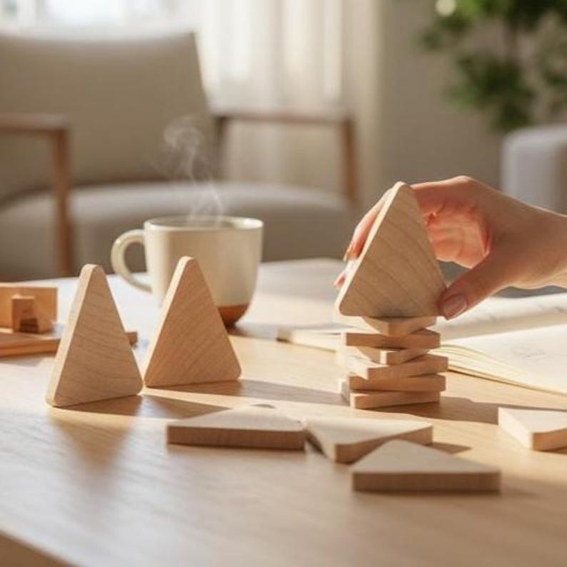 May include: A set of light-colored wooden triangle blocks with smooth surfaces. Several blocks are arranged individually on a flat surface, while others are stacked vertically to form a tower. The wood grain is visible on each piece.