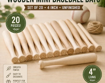 May include: A set of 20 unfinished wooden mini baseball bats, each measuring 4 inches long. The bats have a smooth, light-colored wood finish and are arranged in a row, with one bat placed horizontally in the foreground.