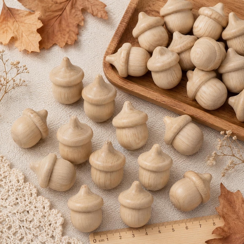 Pu&ograve; includere: Una collezione di piccole figure in legno di colore chiaro a forma di ghianda. Alcune sono disposte su un vassoio di legno rettangolare, mentre altre sono sparse su una superficie in tessuto testurizzato. &Egrave; visibile un righello in legno.