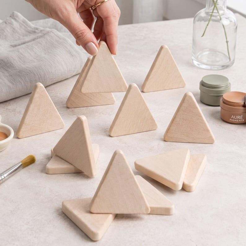May include: A collection of light-colored, unfinished wooden triangles arranged in various positions. The smooth, flat-surfaced shapes are made of natural wood with visible grain patterns. Some triangles stand upright while others lie flat on the surface.