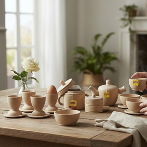 May include: A set of light-colored wooden kitchenware including a teapot, lidded sugar bowl, small bowls, and egg cups on saucers. Several pieces feature yellow Lipton tea bag tags. The items are arranged on a wooden surface with a white rose.