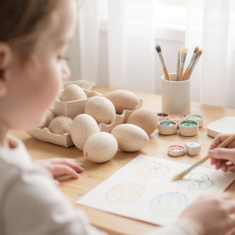 Houten paasei schilderij kit kind ambacht project idee decoratie hout materiaal natuurlijk speelgoed keuken spelen alsof eten mand vulmiddel cadeau afbeelding 9
