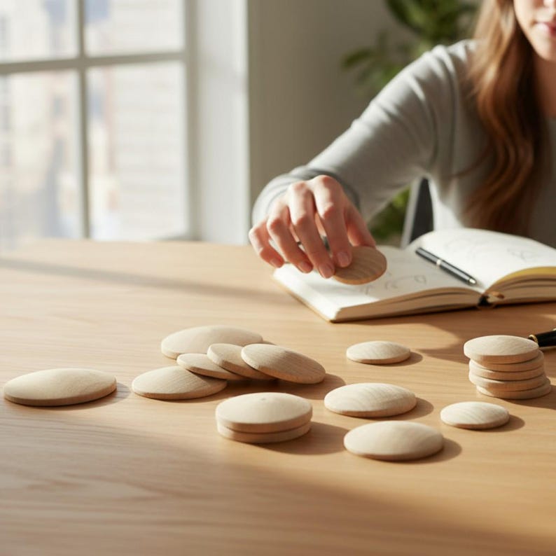 May include: A collection of smooth, unfinished light-colored wooden discs of varying sizes scattered across a surface. The circular wooden pieces have a slightly domed top surface and a flat base, appearing as raw craft components for projects.