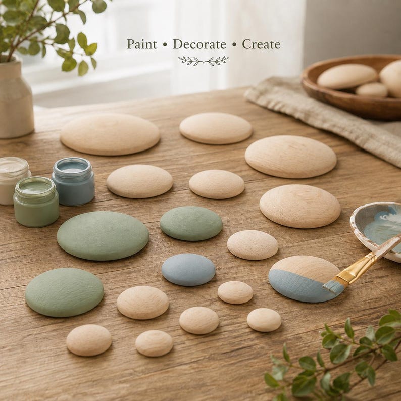 May include: A collection of round, smooth wooden discs in various sizes, some plain and some partially painted in sage green and dusty blue. Two small paint jars, a paintbrush, and a small dish are present. The text Paint &bull; Decorate &bull; Create is visible.