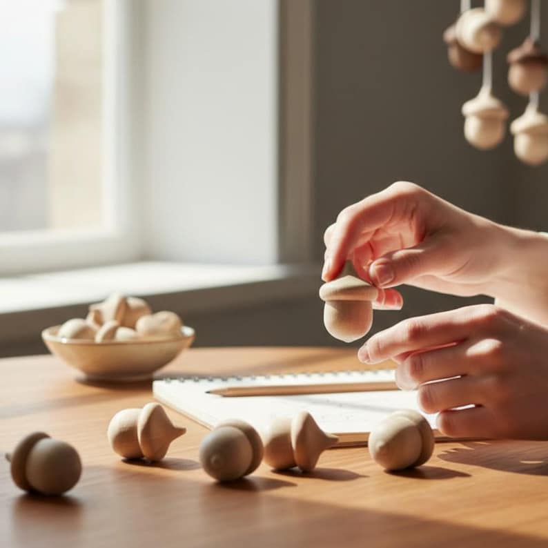 Pu&ograve; includere: Una collezione di piccole figure in legno di colore chiaro a forma di ghianda, dalla superficie liscia. Diverse ghiande sono sparse su una superficie in legno, alcune sono in una piccola ciotola e una &egrave; tenuta tra le dita. Un quaderno &egrave; sul tavolo.