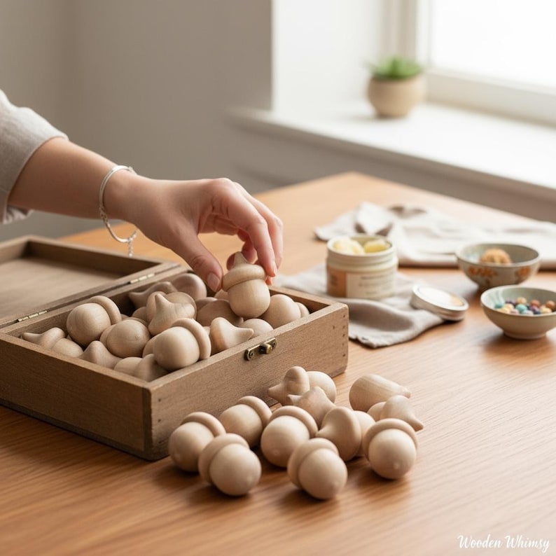 Versatile Wooden Acorns Unfinished Craft Materials DIY Project Supplies Natural Wood Elements Fall Decoration Components Educational Counting Resources Waldorf Inspired Toys Montessori Learning Materials Sensory Play Objects Creative
