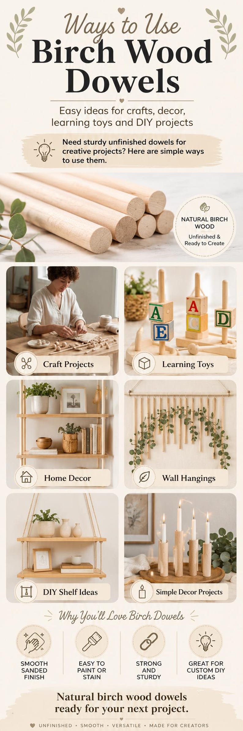 May include: An infographic titled Ways to Use Birch Wood Dowels featuring unfinished light-colored wooden rods. It displays examples of craft projects, learning toys with alphabet blocks, home decor shelves, wall hangings, and candle holders.