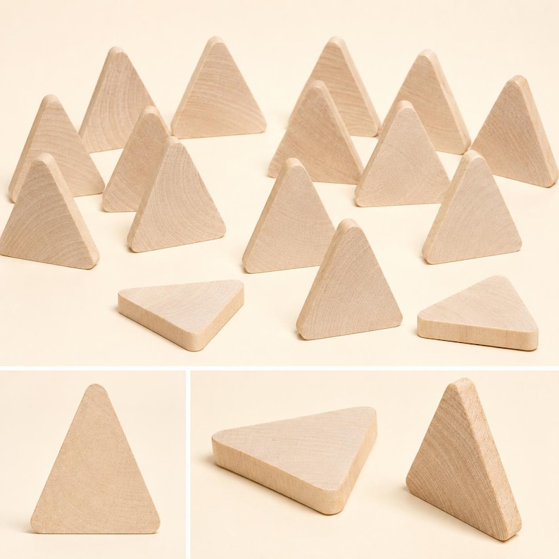 May include: A collection of light-colored wooden triangles with smooth surfaces and rounded corners. The pieces are arranged in various orientations, showing both flat and upright positions, highlighting the natural grain of the wood material.