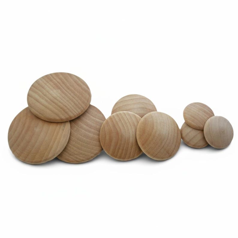 May include: A collection of nine unfinished wooden discs of varying sizes, each featuring a smooth, rounded surface and a visible natural wood grain pattern. The circular wooden pieces are arranged in a cluster, showcasing light tan tones.