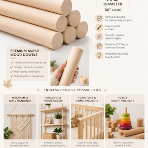 May include: A collection of unfinished light-colored maple wood dowels with a 1.5-inch diameter and 36-inch length. The image displays text detailing product features, including that they are sanded smooth, sturdy, and ready for DIY projects.