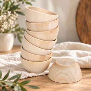 May include: A stack of seven small, light-colored wooden bowls with a smooth, natural grain finish. One additional matching wooden bowl is placed upside down on the surface next to the stack, showing its rounded exterior and circular base.