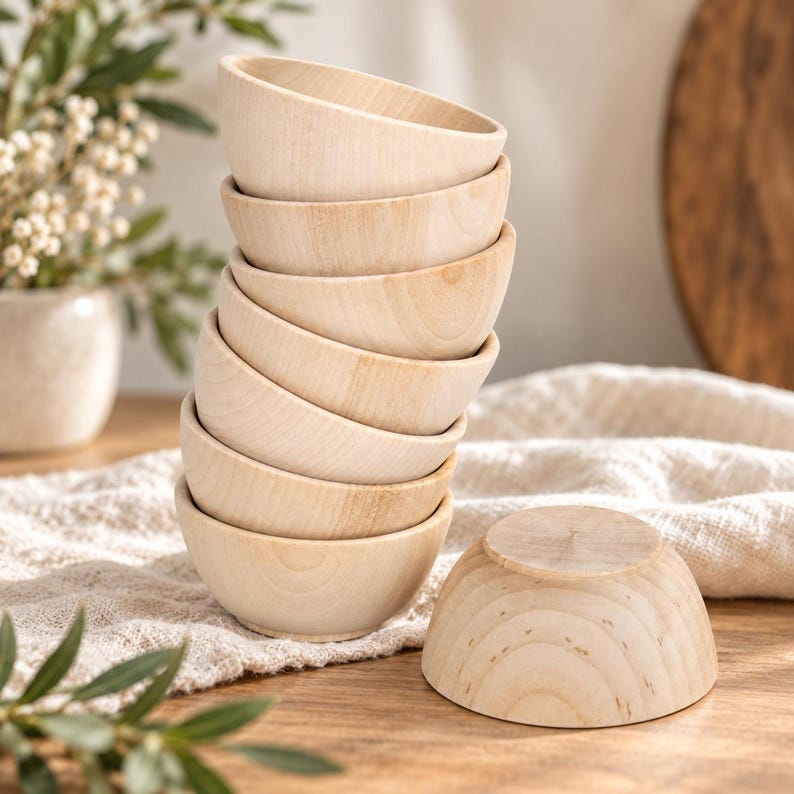 May include: A stack of seven small, light-colored wooden bowls with a smooth, natural grain finish. One additional matching wooden bowl is placed upside down on the surface next to the stack, showing its rounded exterior and circular base.