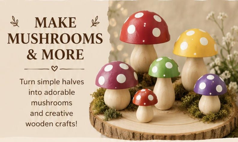 May include: A collection of six wooden mushroom figures with painted caps in red, yellow, green, purple, and magenta, each featuring white polka dots. The text on the left reads: MAKE MUSHROOMS & MORE. Turn simple halves into adorable mushrooms and creative wooden crafts!