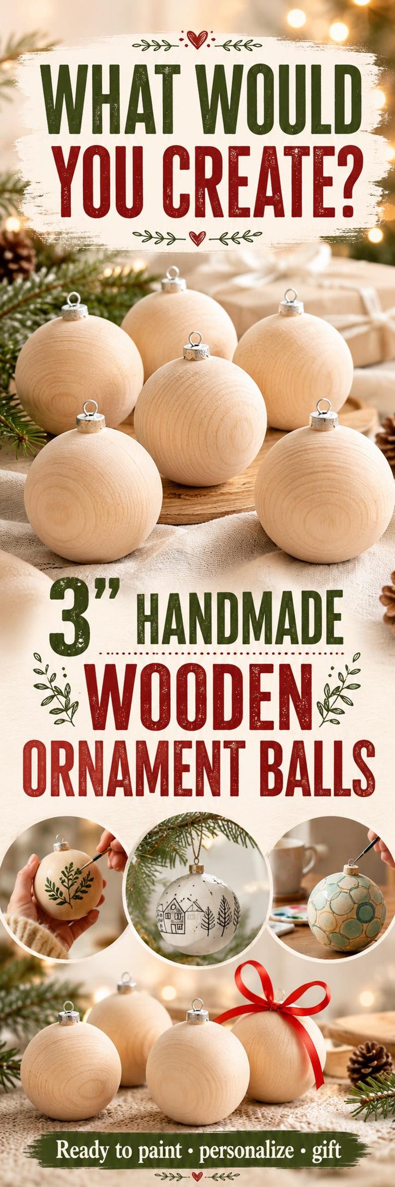 May include: A collection of 3-inch diameter light-colored wooden ornament balls with silver-toned metal caps. The image features text that reads: WHAT WOULD YOU CREATE? 3" HANDMADE WOODEN ORNAMENT BALLS. Ready to paint &bull; personalize &bull; gift.