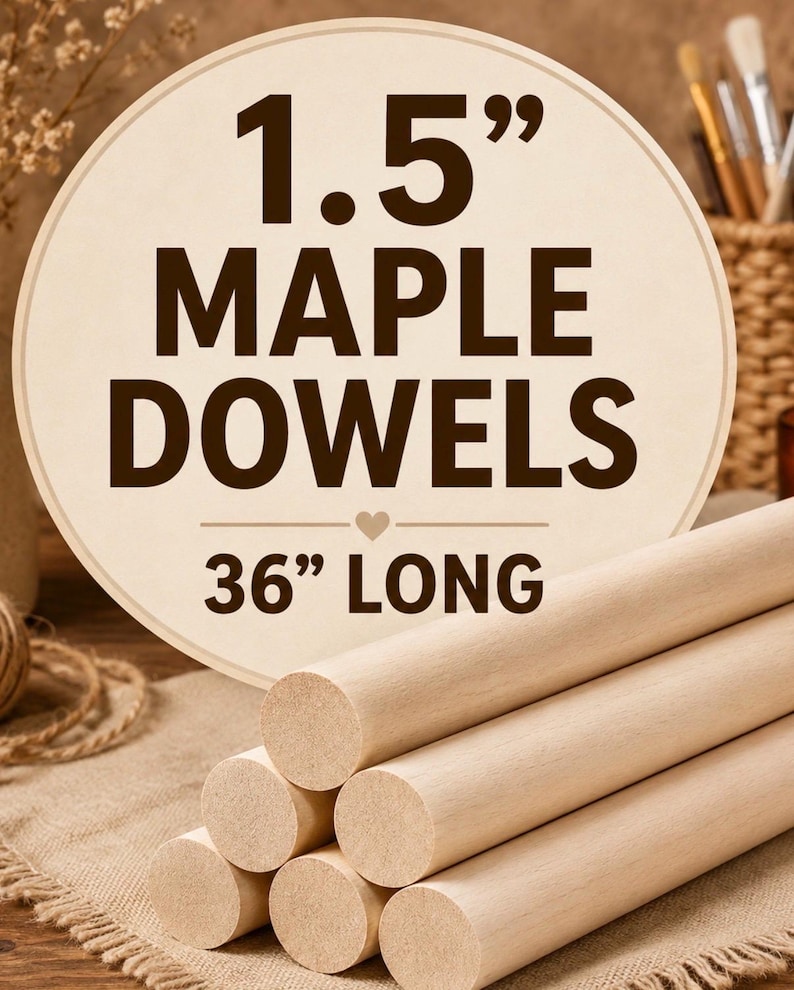 May include: A stack of light-colored cylindrical maple dowels. A circular graphic overlay displays the text 1.5" MAPLE DOWELS and 36" LONG with a small heart icon between the lines, indicating the diameter and length of the wooden rods.