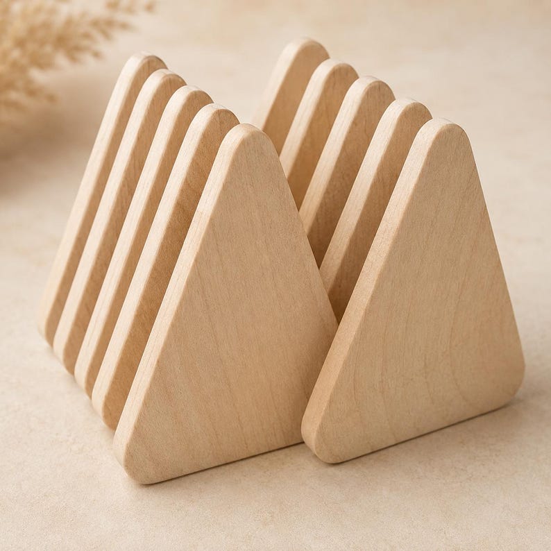 May include: A set of eight light-colored wooden pieces, each shaped as an equilateral triangle with rounded corners. The pieces are arranged in two parallel rows, standing upright on their bases, showcasing a smooth, natural wood grain texture.