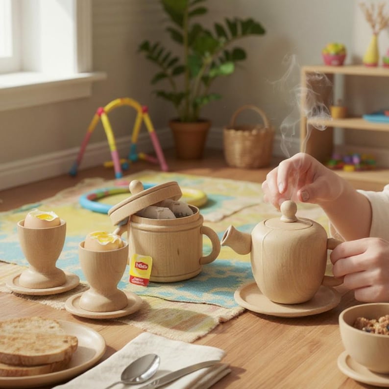 May include: A wooden tea set featuring a teapot with a lid, a lidded sugar bowl, two egg cups with soft-boiled eggs, and a small bowl. The set includes a small red and yellow tea bag tag, a plate with toasted bread, and a metal spoon on a napkin.