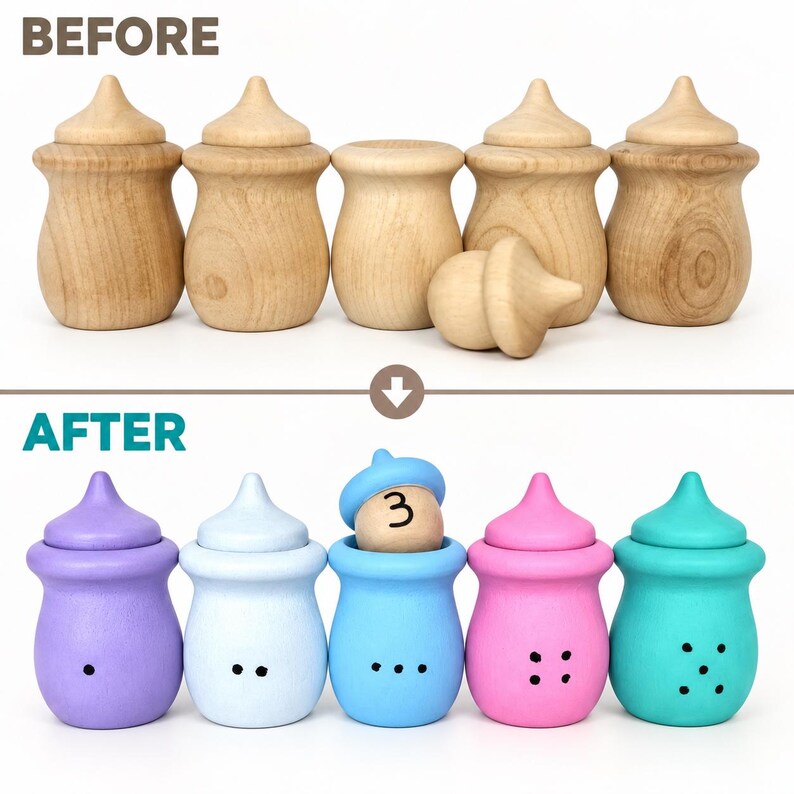 Pu&ograve; includere: Un set di cinque contenitori in legno a forma di ghianda, mostrati prima e dopo la verniciatura. La fila superiore mostra una finitura in legno naturale, mentre quella inferiore presenta colori viola, azzurro, blu, rosa e verde acqua con puntini.