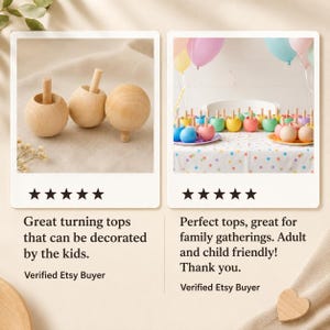 May include: Three natural light-colored wooden spinning tops with cylindrical stems. The second image shows a collection of these wooden tops painted in various pastel colors, arranged on a table with a white tablecloth featuring colorful dots.