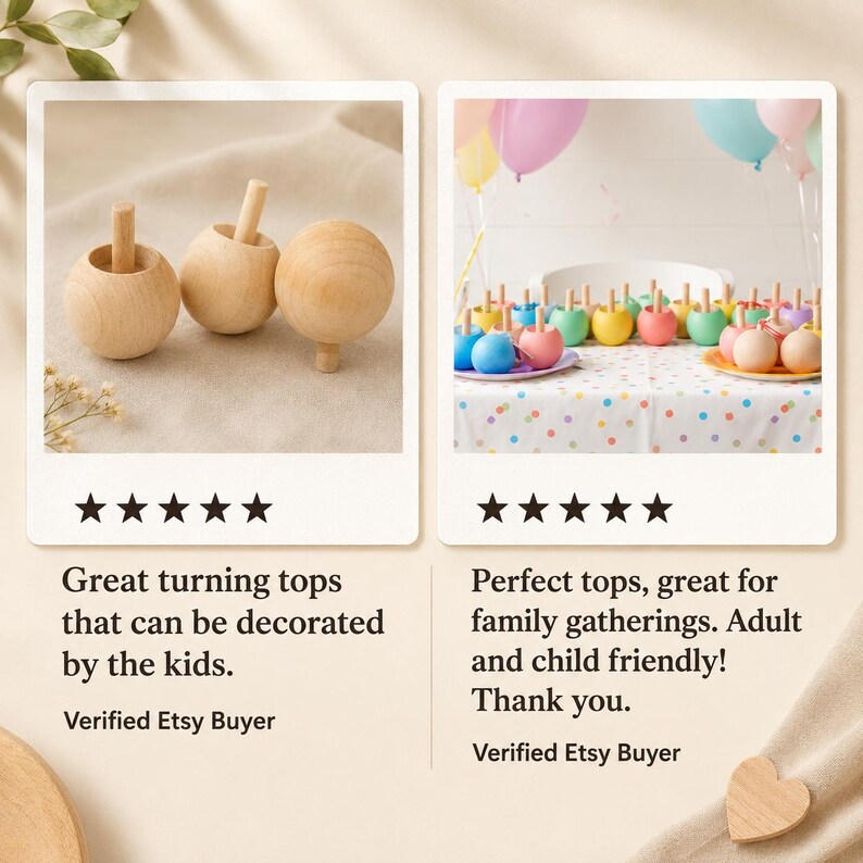 May include: Three natural light-colored wooden spinning tops with cylindrical stems. The second image shows a collection of these wooden tops painted in various pastel colors, arranged on a table with a white tablecloth featuring colorful dots.