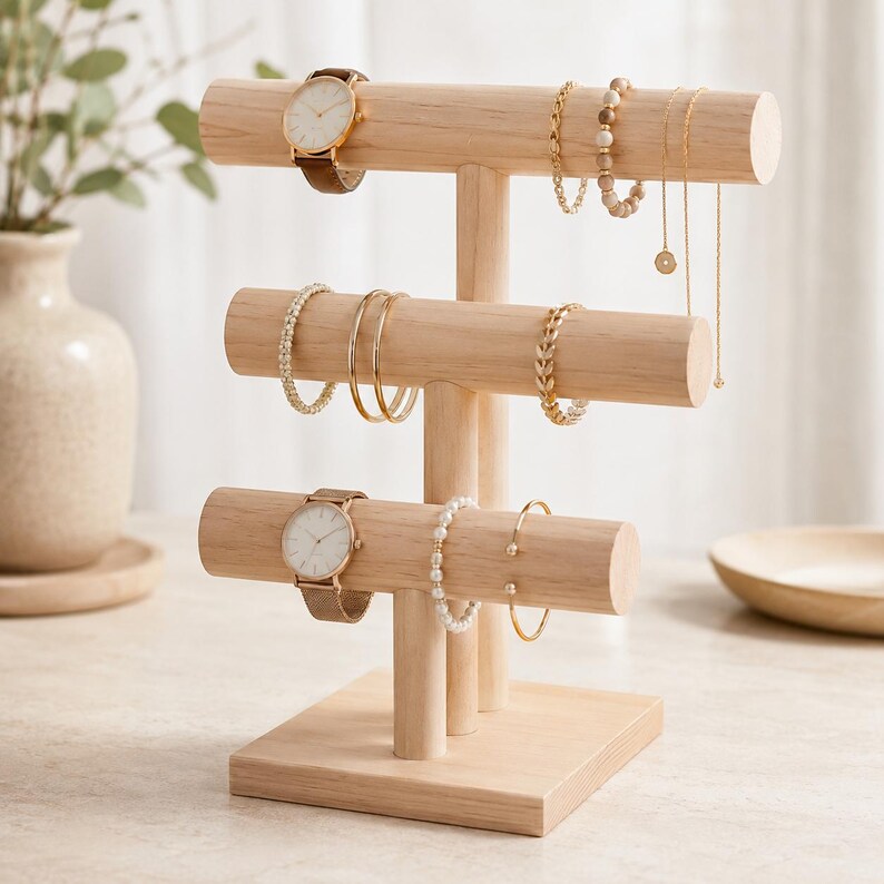 May include: A three-tiered light wood jewelry display stand with a square base. The stand holds two wristwatches with brown and tan leather straps, several beaded and gold-toned metal bracelets, and two delicate gold chains hanging from the top bar.