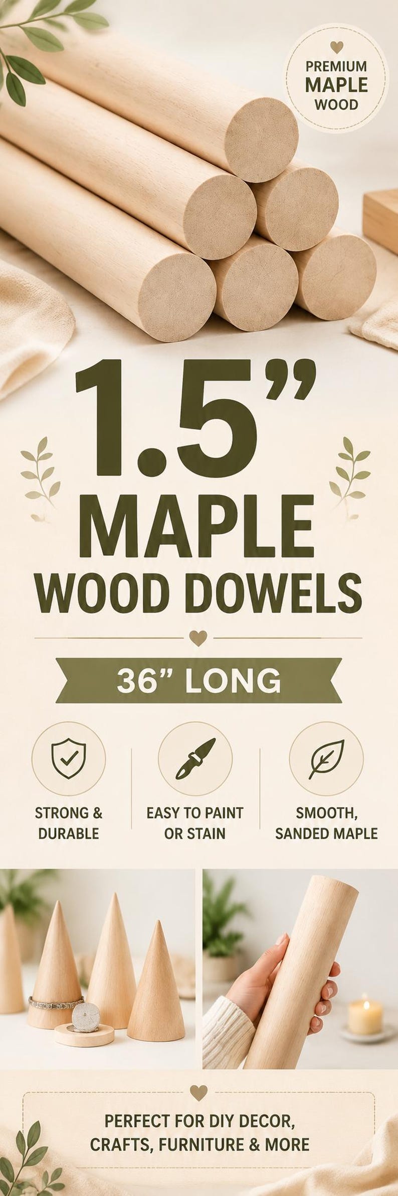 1.5 Inch Maple Wood Dowel Rod Thick Wood Pole Flag Stick DIY Craft Wood Peg Hardwood Cylinder Solid Curtain Rod Wood Dowel Home Decor image 20